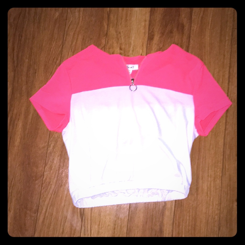 Pink and white crop top with hood